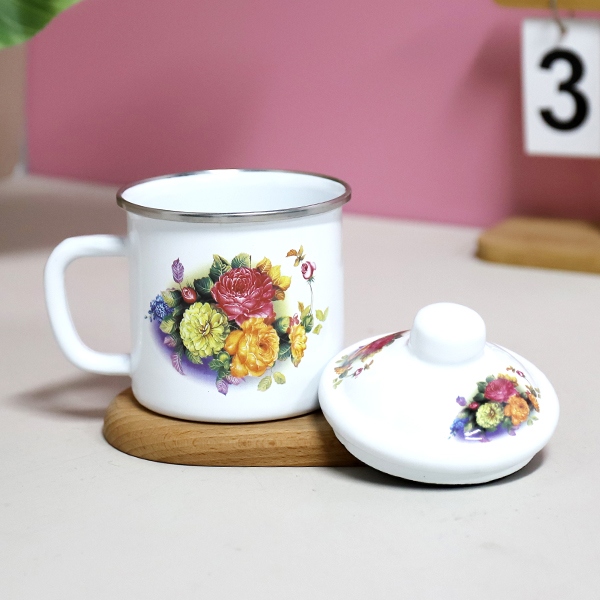 924-9cm Edging Love Flor Esmalte Taza 4