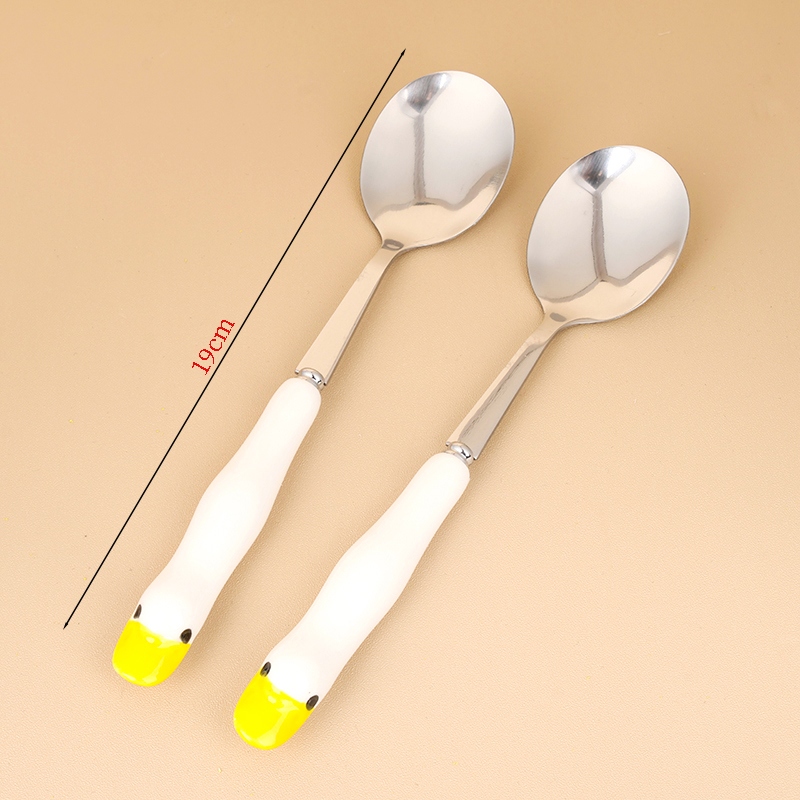 HSA-2 Pequeño Pato Blanco Mango de Cerámica 2 Cuchara Redonda