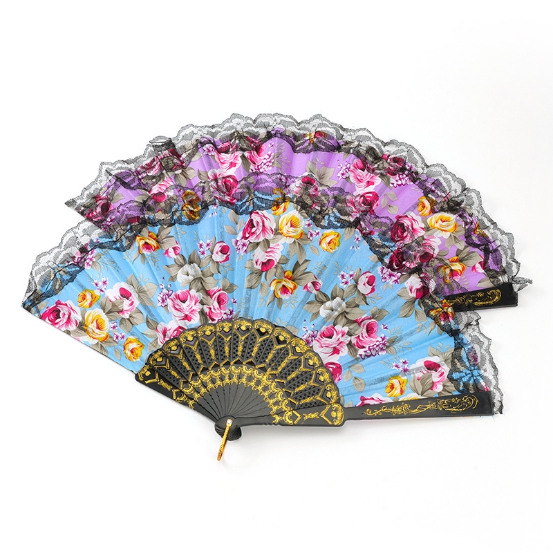 Black Rod Lace Print Folding Fan 3