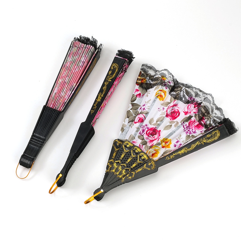 Black Rod Lace Print Folding Fan 4