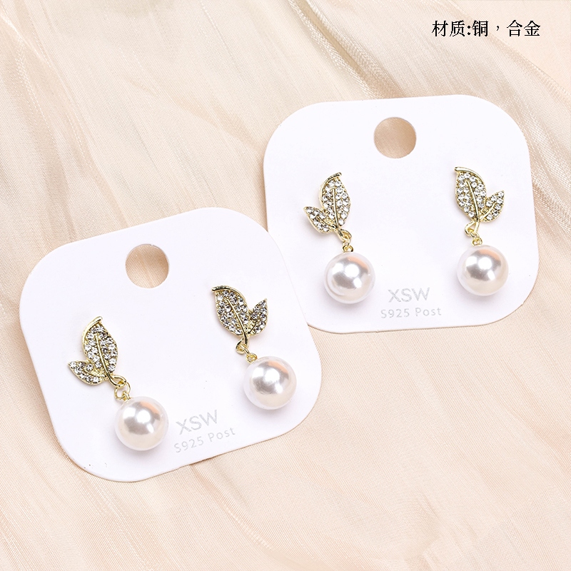 Long Diamond Hojas Pendientes de Perlas