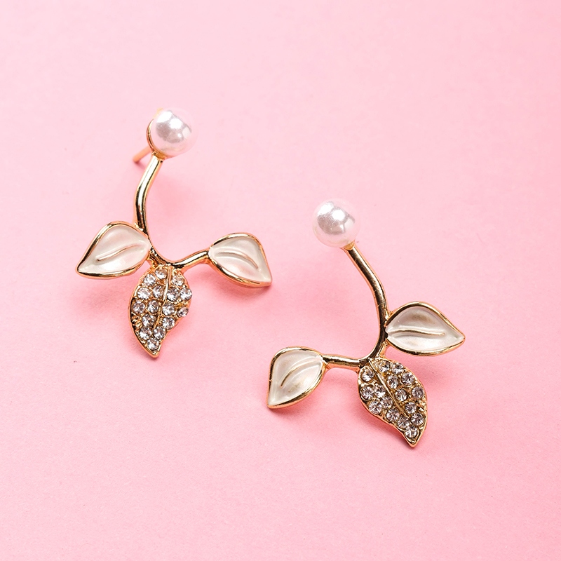 Micro-incrustado Con Ramas Doradas y Hojas de Jade Pendientes de Perlas 3
