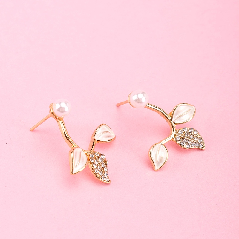 Micro-incrustado Con Ramas Doradas y Hojas de Jade Pendientes de Perlas 4