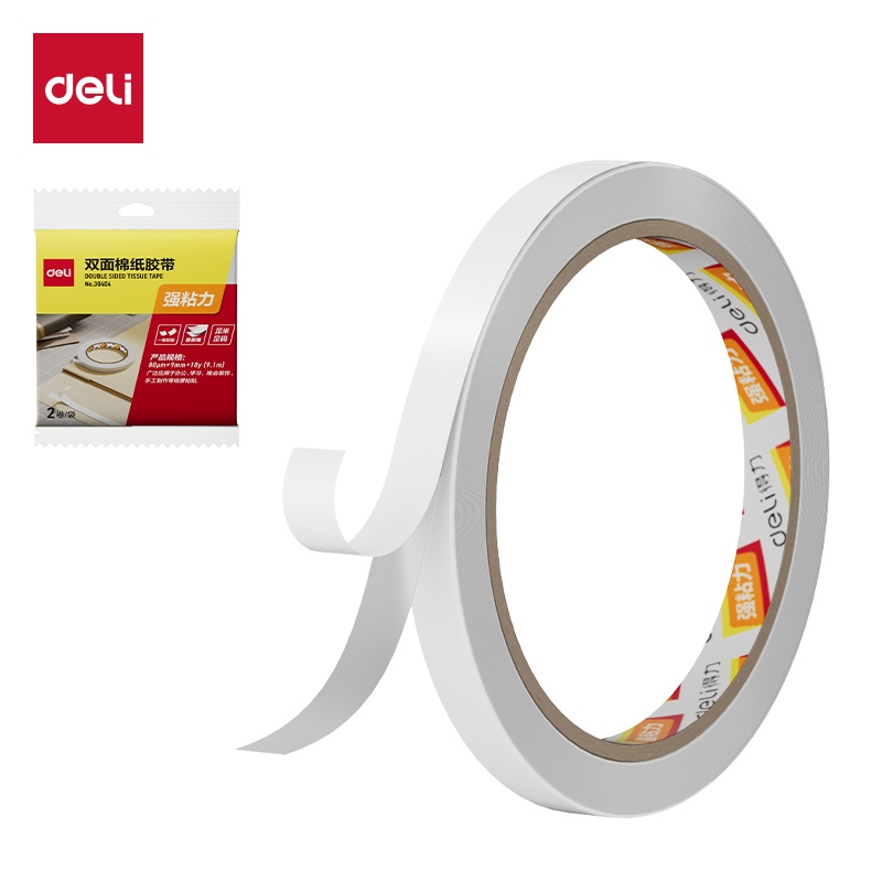Deli 30404 Papel de Tejido Cinta Adhesiva Doble Cara (9mm * 10y * 80um 2 Rollos/bag)