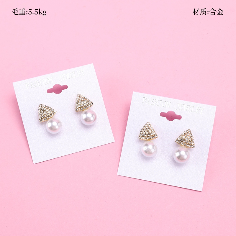 Pendientes de Perlas de Triángulo de Diamante Completo 2