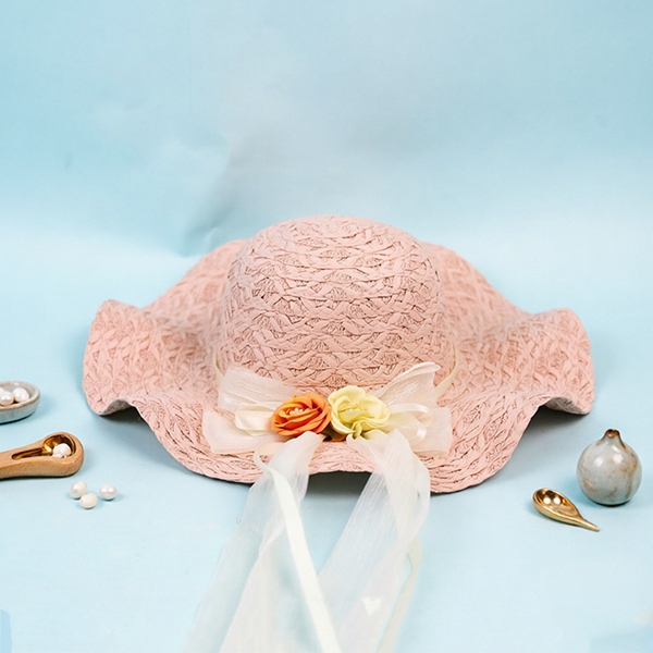 Lace Bow Ribbon Flower Big Brim Woven Hat 3