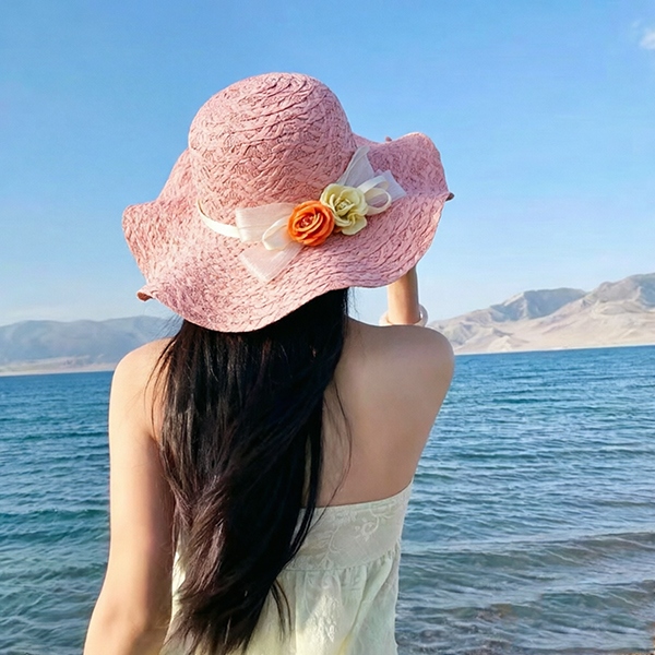 Lace Bow Ribbon Flower Big Brim Woven Hat 5
