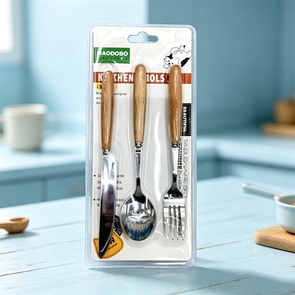 HAO-4082 Madera de Mango de la Cuchara de Tenedor 3 Piezas de Burbuja Doble